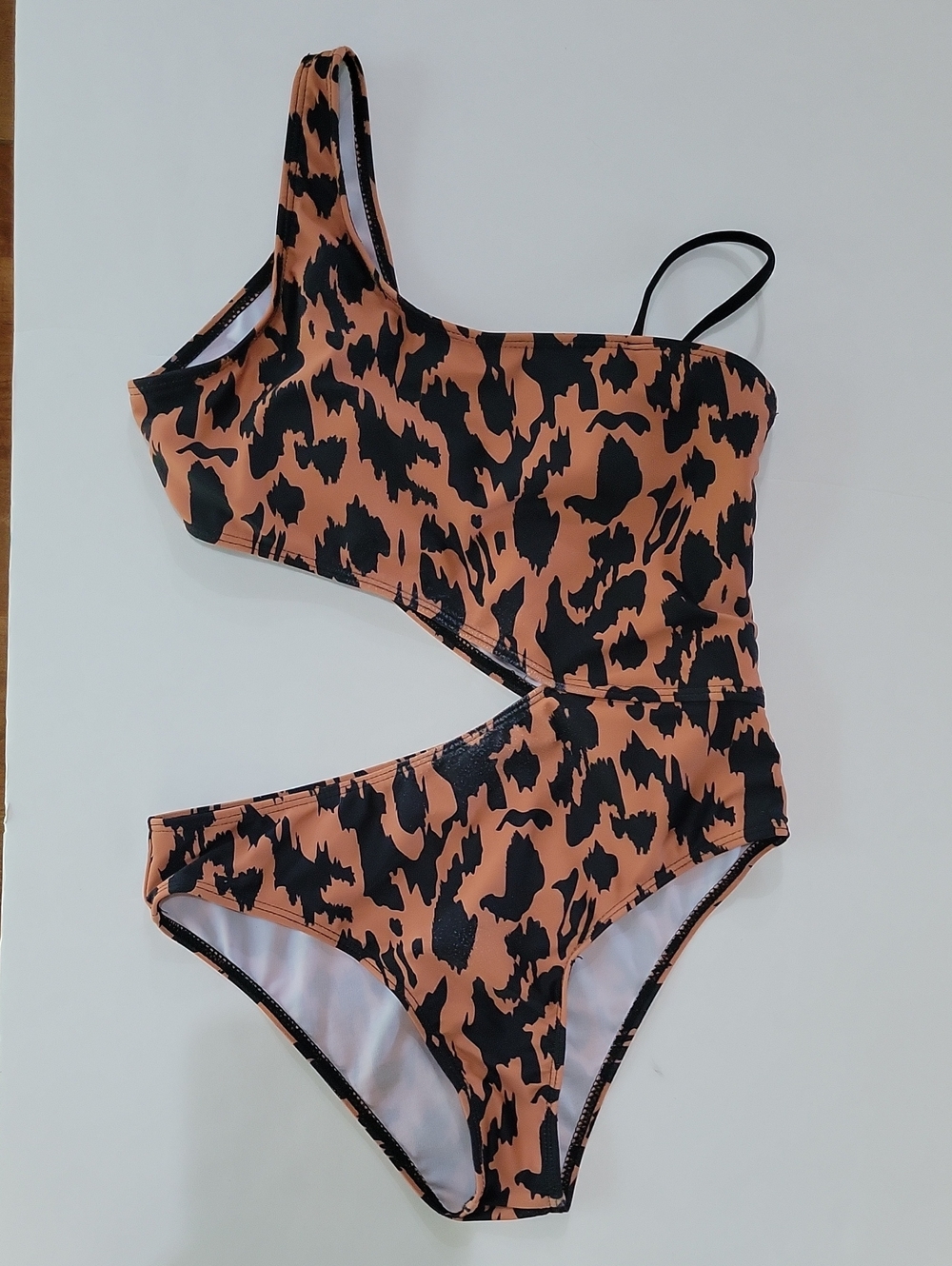 SHEIN One-Shoulder Leopard Print Swimsuit in Black & Rust